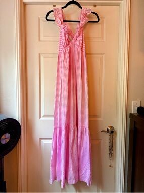 Scotch & Soda Pink Striped Ruffle-Shoulder Maxi Dress